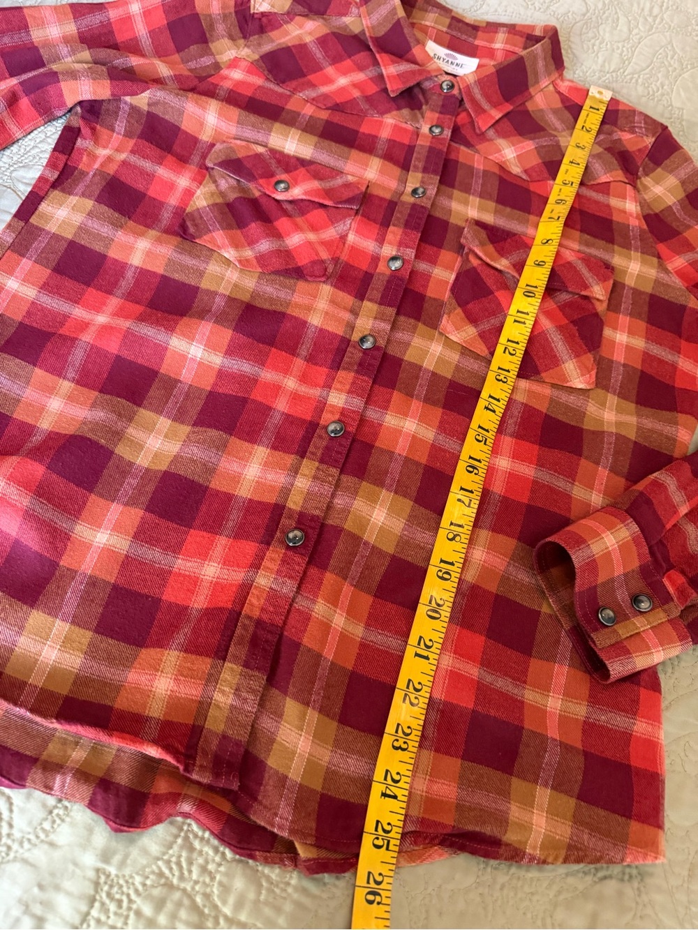 Shyanne Western Cowgirl Plaid Flannel Shirt Red Orange Pearl Snap Shirt Cotton L - Picture 9 of 11